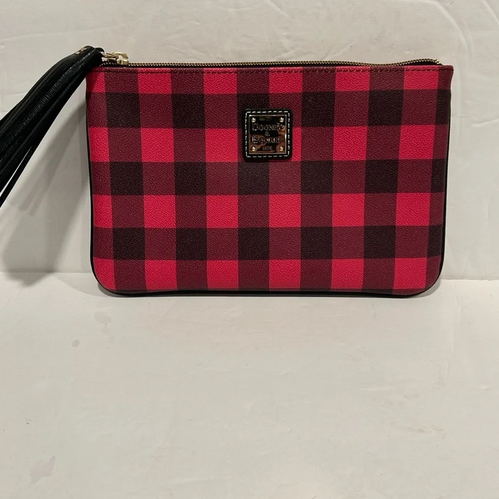 Dooney & Bourke Carrington Pouch, Black Red, Buffalo Check, Tassel, LOGO, Box